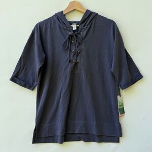 NEW Green Tea Womens Small Dark‎ Grey Lace Up Short Sleeve Casual Hoodie Top